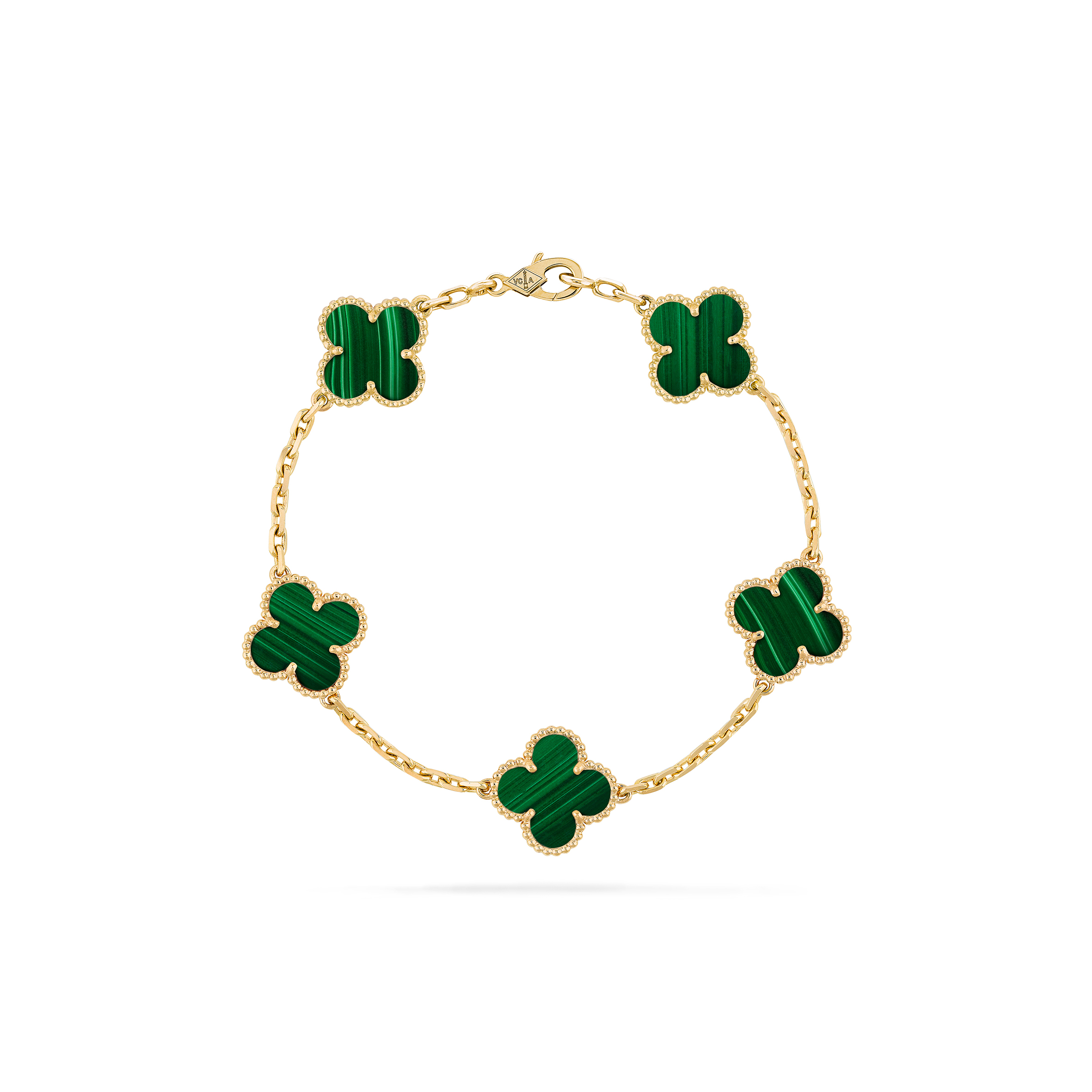 VAN CLEEF ARPELS VINTAGE ALHAMBRA BRACELET, 5 MOTIFS - YELLOW GOLD, MALACHITE  VCARL80900